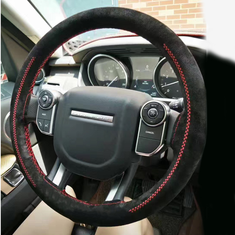 DIY Weaving Leather Car Steering Wheel Covers Hand-Stitched Knitted Universal 38CM - Black Red