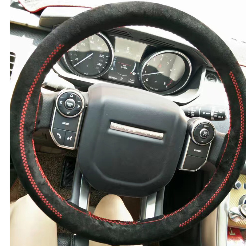DIY Weaving Leather Car Steering Wheel Covers Hand-Stitched Knitted Universal 38CM - Black Red