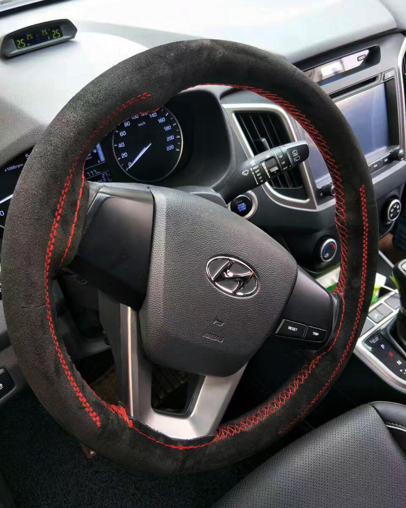 DIY Weaving Leather Car Steering Wheel Covers Hand-Stitched Knitted Universal 38CM - Black Red