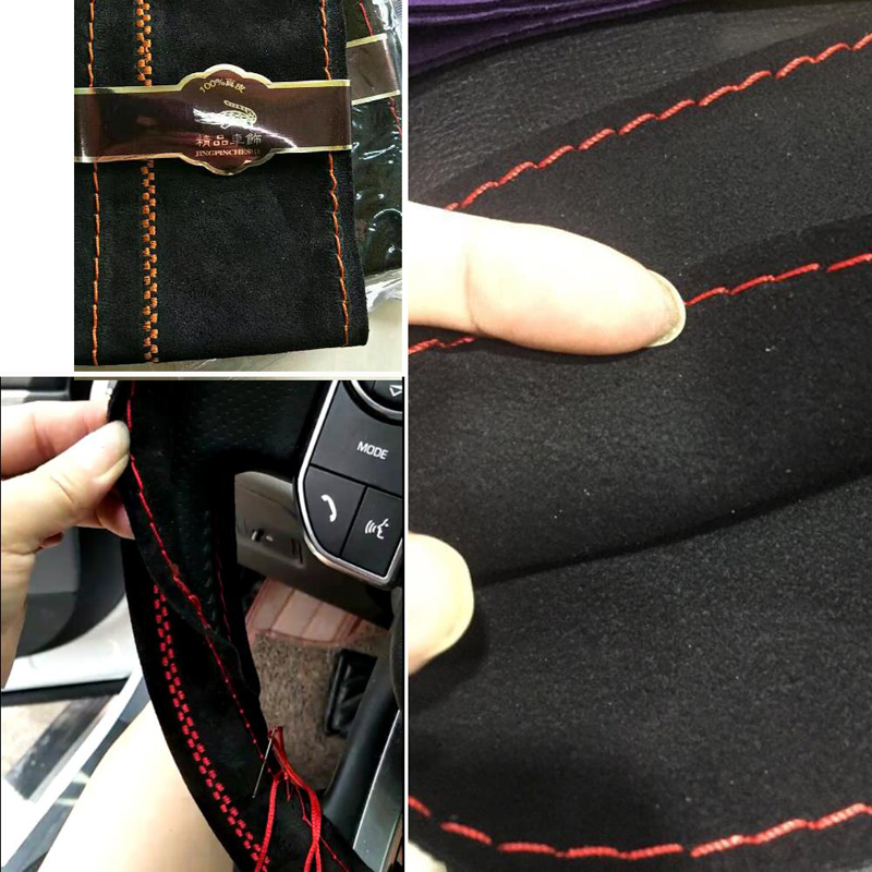 DIY Weaving Leather Car Steering Wheel Covers Hand-Stitched Knitted Universal 38CM - Black Red
