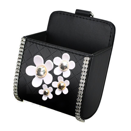Daisy 1pcs Crystal Auto Storage Bucket Leather Storage Box Diamond Auto Storage Bag - Black