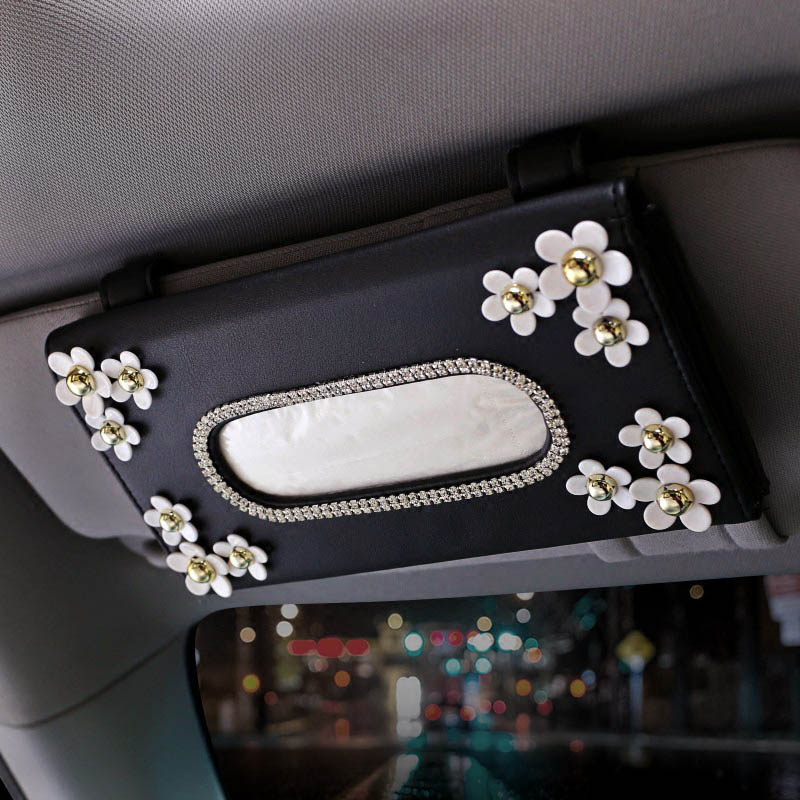 Daisy Bling Leather Automotive Tissue Paper Box Holder Case Seat Back Hanging Tissue Bag - Black