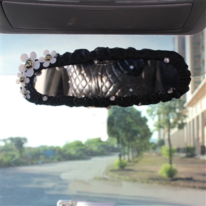 Daisy Bling Women Leather Car Rearview Mirror Elastic Covers Motorcar Interior Decorate - Black