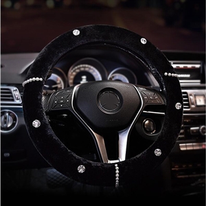 Diamond Genuine Wool With Rabbit Fur Auto Steering Wheel Covers 15 inch 38CM - Black