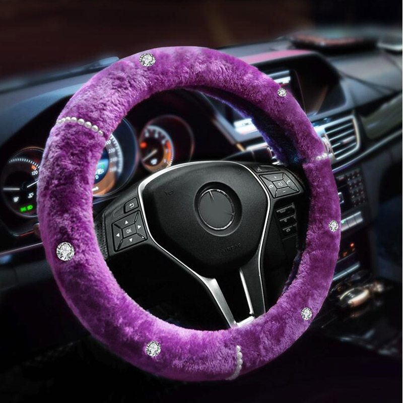 Diamond Genuine Wool With Rabbit Fur Auto Steering Wheel Covers 15 inch 38CM - Purple