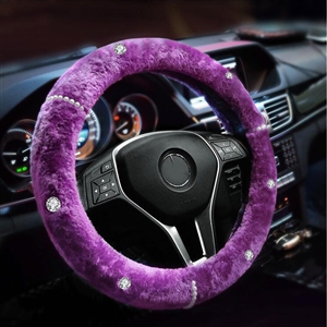 Diamond Genuine Wool With Rabbit Fur Auto Steering Wheel Covers 15 inch 38CM - Purple