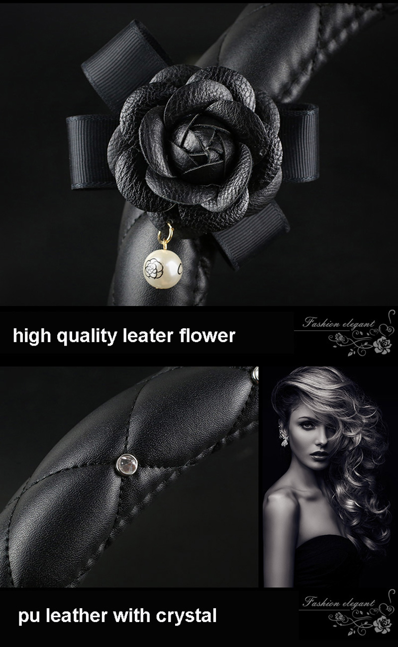 Diamond Nice Camellia PU Leather Vehicle Steering Wheel Covers 15 inch 38CM - Black