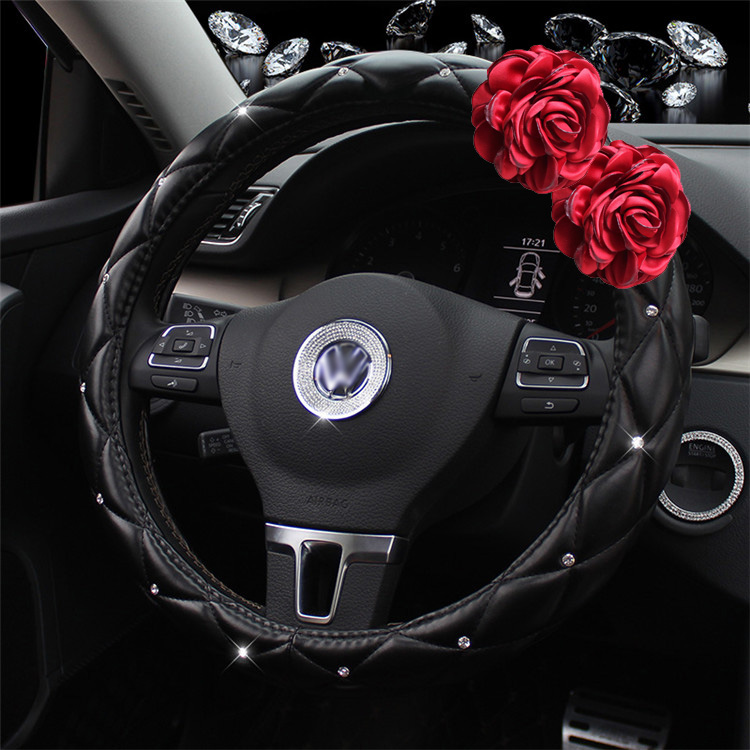 Diamond Pretty Flower PU Leather Vehicle Steering Wheel Covers 15 inch 38CM - Black