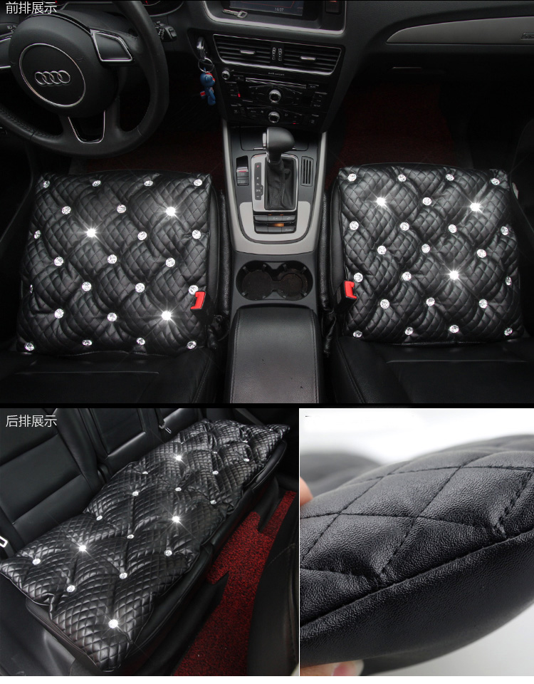 Diamond Studded Crystal Leather Auto Back Seat Cushion Woman Universal Pads 1pcs - Black