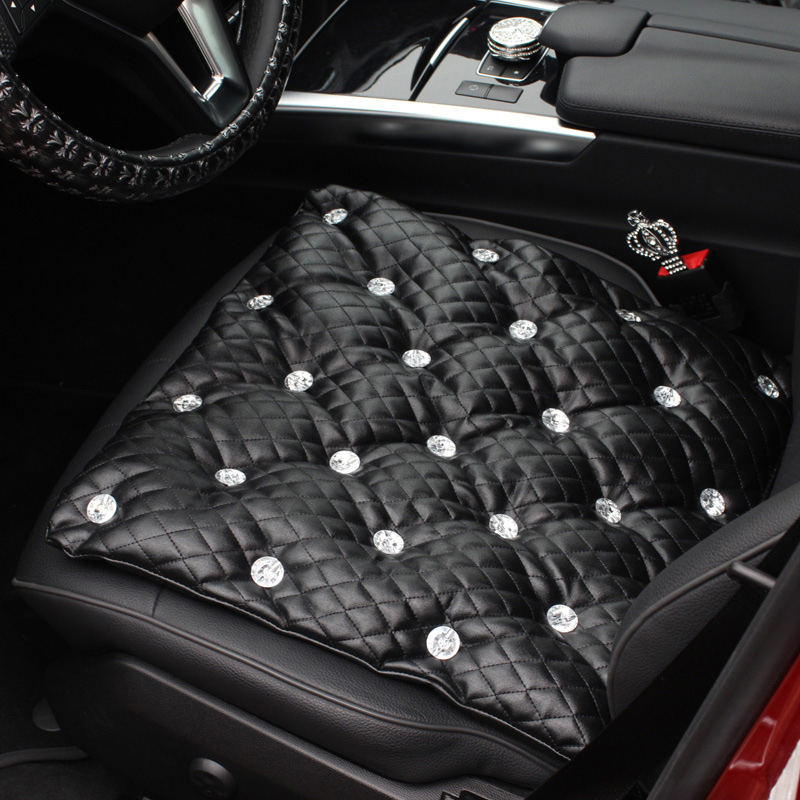 Diamond Studded Crystal Leather Auto Front Seat Cushion Woman Universal Pads 1pcs - Black