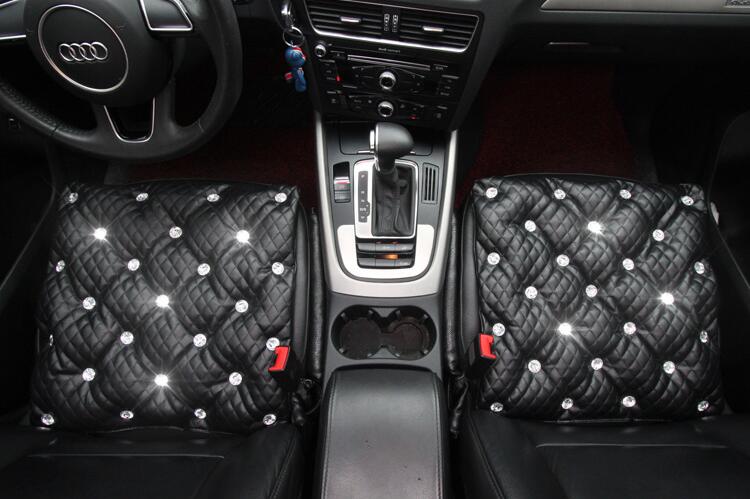 Diamond Studded Crystal Leather Auto Front Seat Cushion Woman Universal Pads 1pcs - Black
