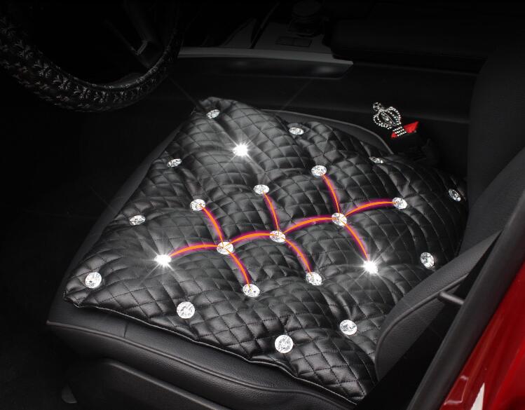 Diamond Studded Crystal Leather Auto Front Seat Cushion Woman Universal Pads 1pcs - Black