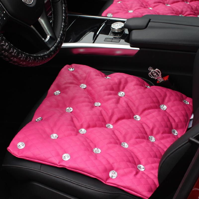 Diamond Studded Crystal Leather Auto Front Seat Cushion Woman Universal Pads 1pcs - Rose