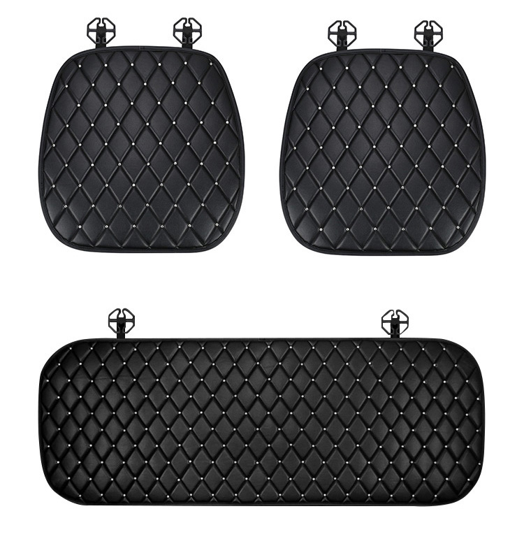 Diamond Studded Crystal Leather Car Front + Back Seat Cushion Woman Universal Pads 3pcs - Black