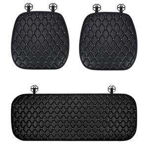 Diamond Studded Crystal Leather Car Front + Back Seat Cushion Woman Universal Pads 3pcs - Black