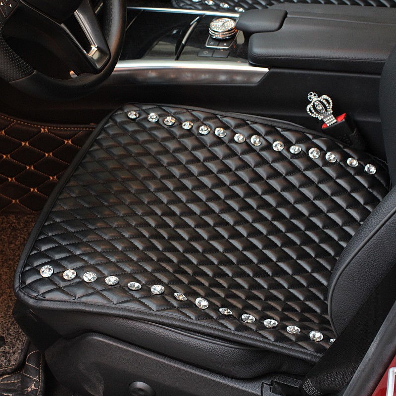 Diamond Studded Crystal Leather Car Front Seat Cushion Woman Universal Auto Pads 1pcs - Black