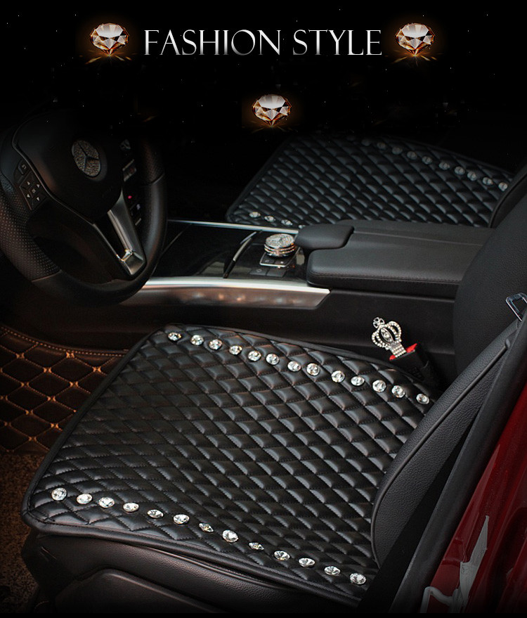 Diamond Studded Crystal Leather Car Front Seat Cushion Woman Universal Auto Pads 1pcs - Black