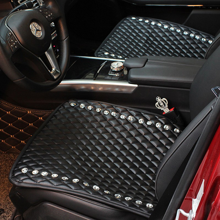 Diamond Studded Crystal Leather Car Front Seat Cushion Woman Universal Auto Pads 1pcs - Black