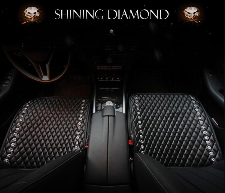 Diamond Studded Crystal Leather Car Front Seat Cushion Woman Universal Auto Pads 1pcs - Black