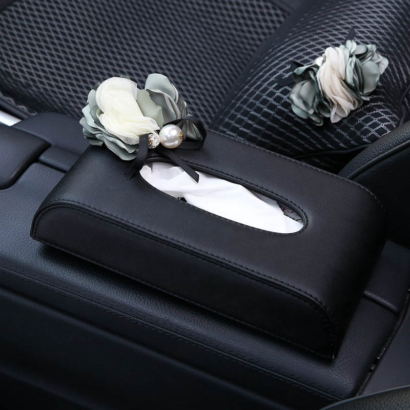 Elegant Beautiful Flower Leather Automotive Tissue Paper Box Holder - Black