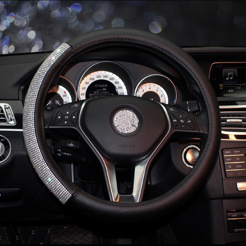 Elegant Full Diamod Rhinestone Leather Auto General Anti-slip Crystal Car Steering Wheel Cover Women - Black Silver