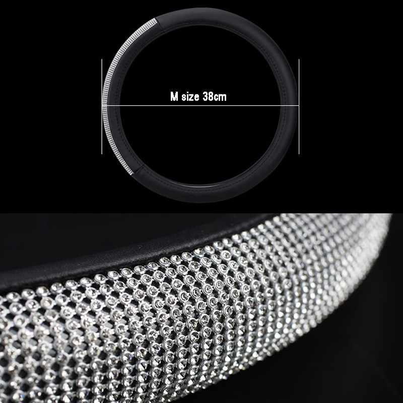 Elegant Full Diamod Rhinestone Leather Auto General Anti-slip Crystal Car Steering Wheel Cover Women - Black Silver