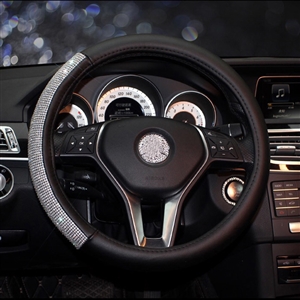 Elegant Full Diamod Rhinestone Leather Auto General Anti-slip Crystal Car Steering Wheel Cover Women - Black Silver