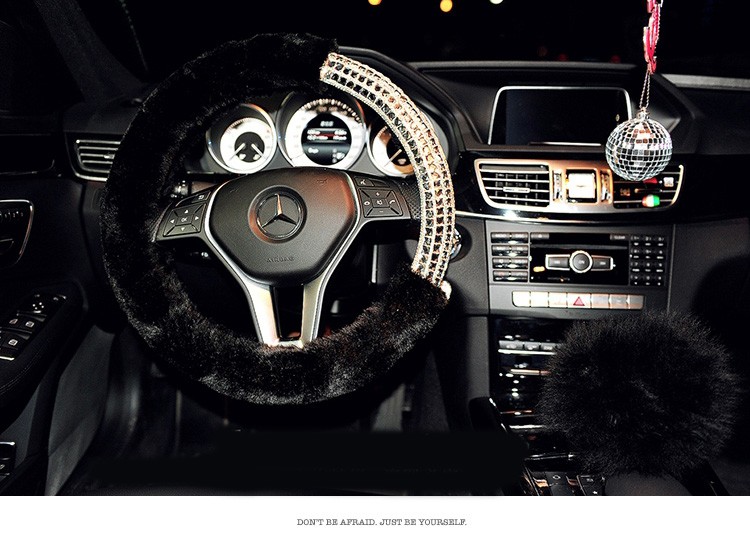 Exquisite Rhinestone Car Steering Wheel Wrap Plush 15 Inch 38CM - Black