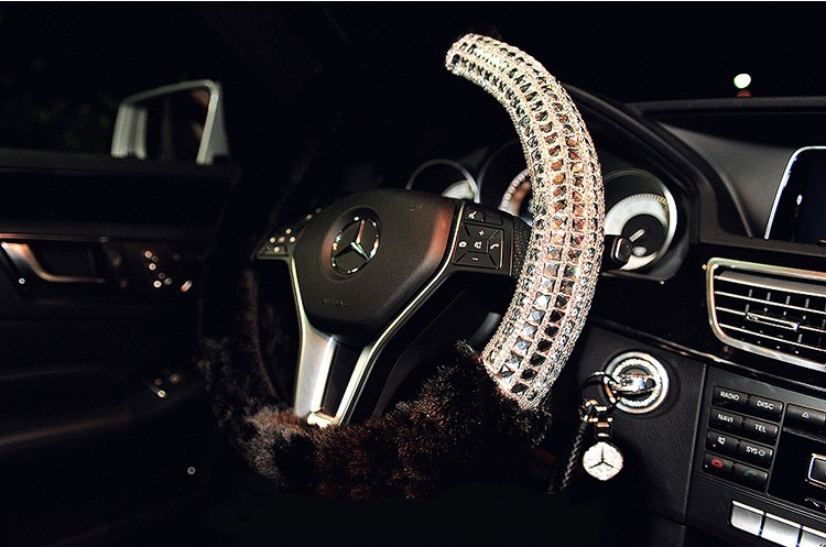 Exquisite Rhinestone Car Steering Wheel Wrap Plush 15 Inch 38CM - Black