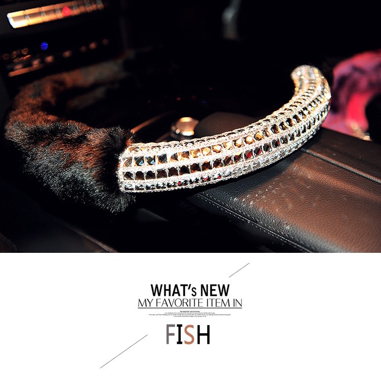 Exquisite Rhinestone Car Steering Wheel Wrap Plush 15 Inch 38CM - Black