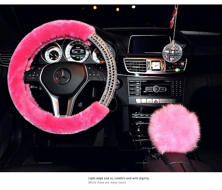 Exquisite Rhinestone Car Steering Wheel Wrap Plush 15 Inch 38CM - Pink