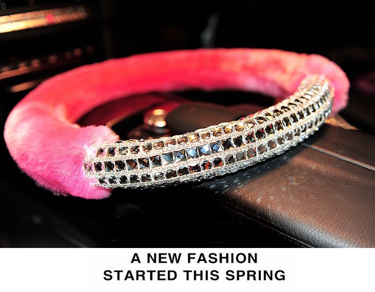 Exquisite Rhinestone Car Steering Wheel Wrap Plush 15 Inch 38CM - Pink