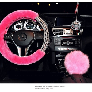 Exquisite Rhinestone Car Steering Wheel Wrap Plush 15 Inch 38CM - Pink