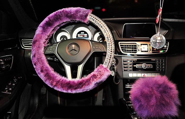 Exquisite Rhinestone Car Steering Wheel Wrap Plush 15 Inch 38CM - Purple