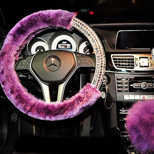 Exquisite Rhinestone Car Steering Wheel Wrap Plush 15 Inch 38CM - Purple