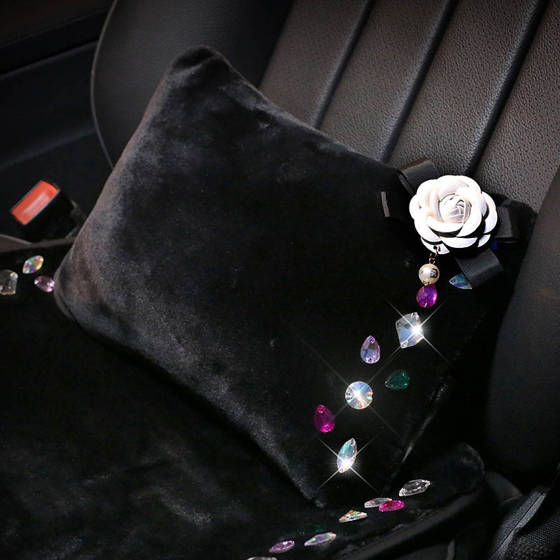 Fashion Diamond Camellia Plush Car Seat Arms Waist Pillows Support Lumbar Cushion 1pcs - Black White