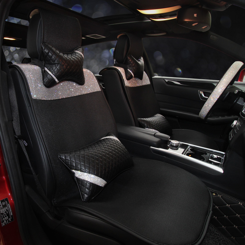 Fashion Diamond Universal Car Seat Covers Breathe Mesh Auto Cushion Crystal 4 Pillows 9pcs Sets - Black