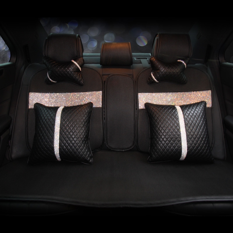 Fashion Diamond Universal Car Seat Covers Breathe Mesh Auto Cushion Crystal 4 Pillows 9pcs Sets - Black