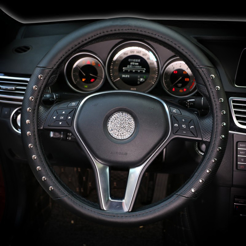 Fashion Punk Rivets PU Leather Auto Steering Wheel Covers Universal 15 Inch 38CM - Black