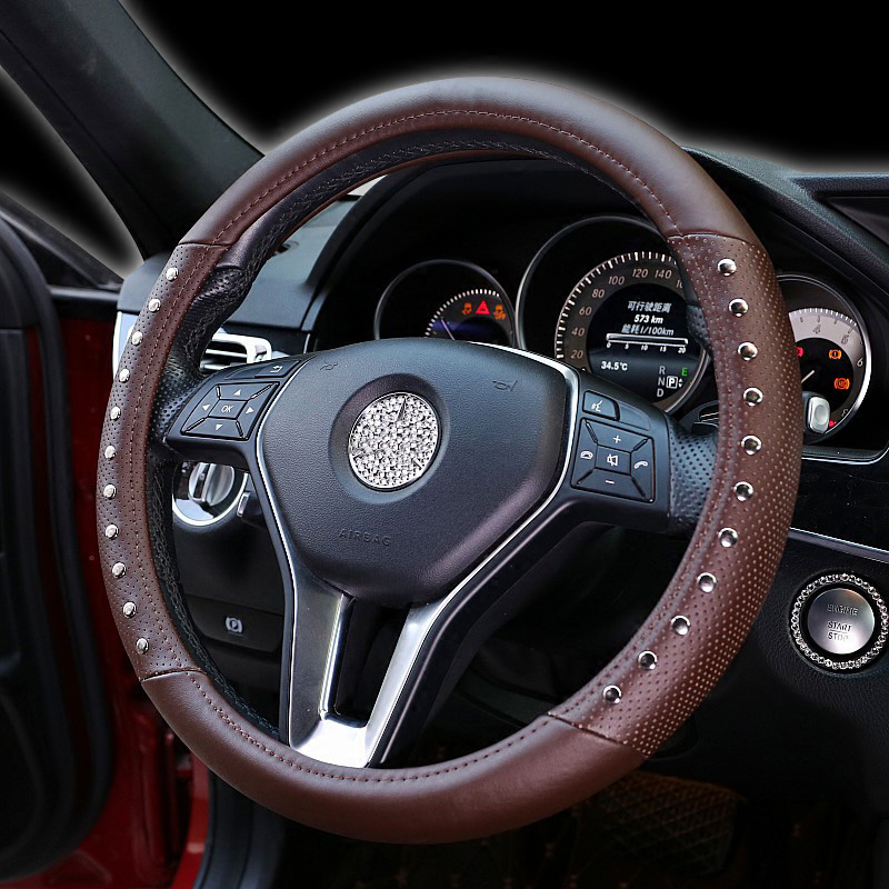 Fashion Punk Rivets PU Leather Auto Steering Wheel Covers Universal 15 Inch 38CM - Brown