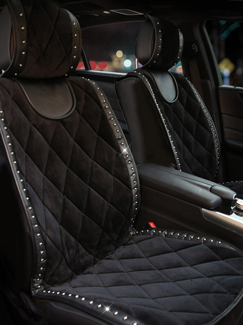 Fashion Rivets Winter Plush Universal Car Auto Interior Cushion 1pc Front Seats Covers - Black