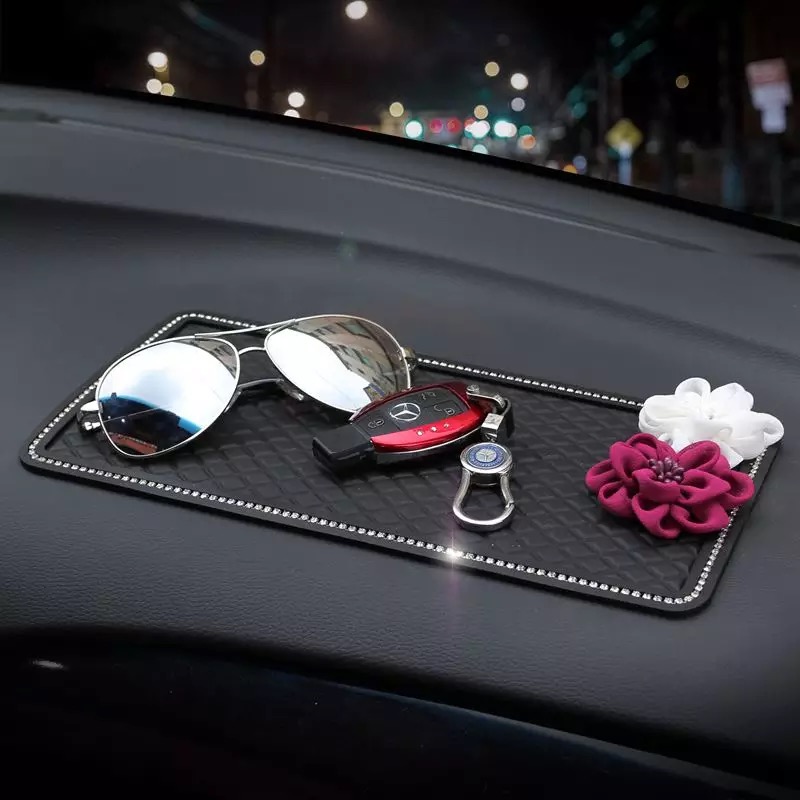 Female Flower Rhinestone Automobile Non-Slip Mat PVC Car Anti-Slip Pads Plastic - Black