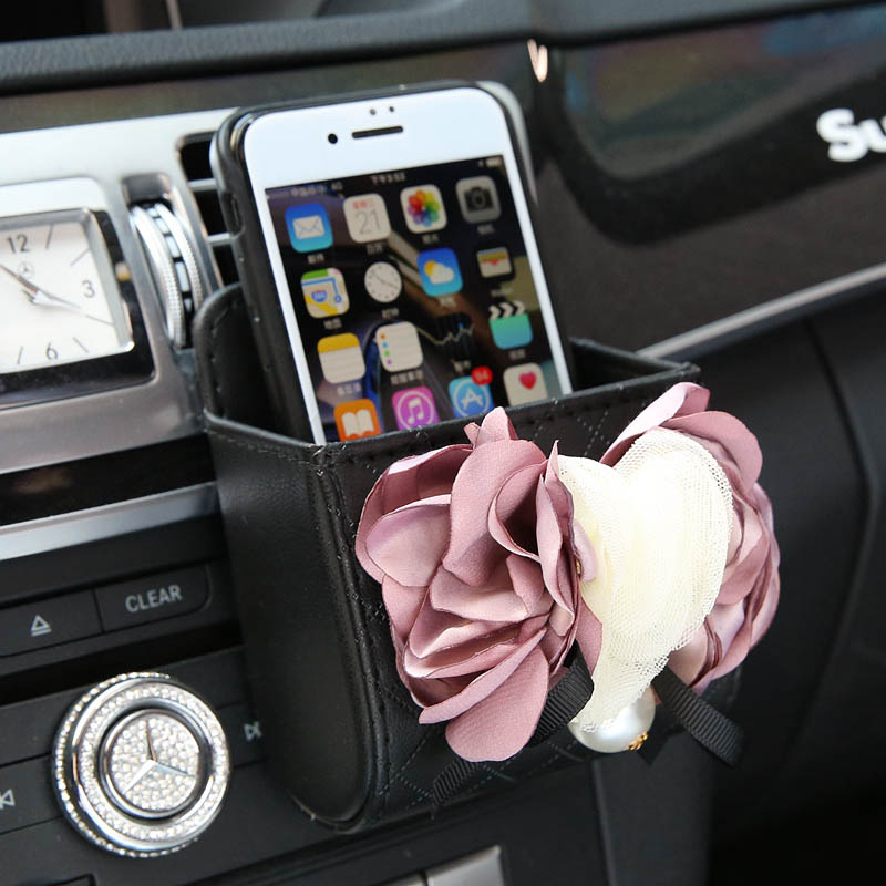 Floral 1pcs Car Storage Bucket Leather Storage Box Auto Storage Bag - Black