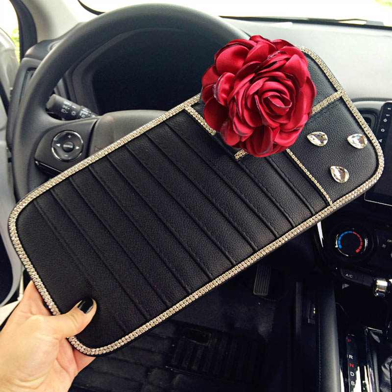 Floral 1pcs Crystal Car CD Bag Leather Diamond CD Box Auto CD Clip Covers - Black
