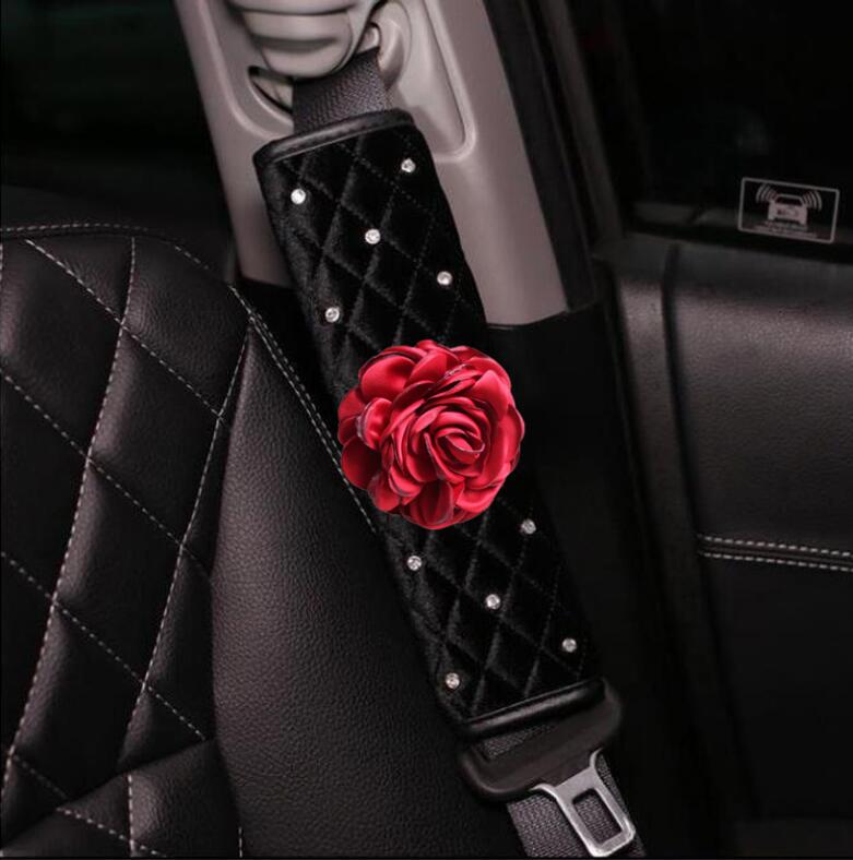 Floral 1pcs Crystal Car Safety Seat Belt Covers Plush Shoulder Pads Auto Interior Decro - Black