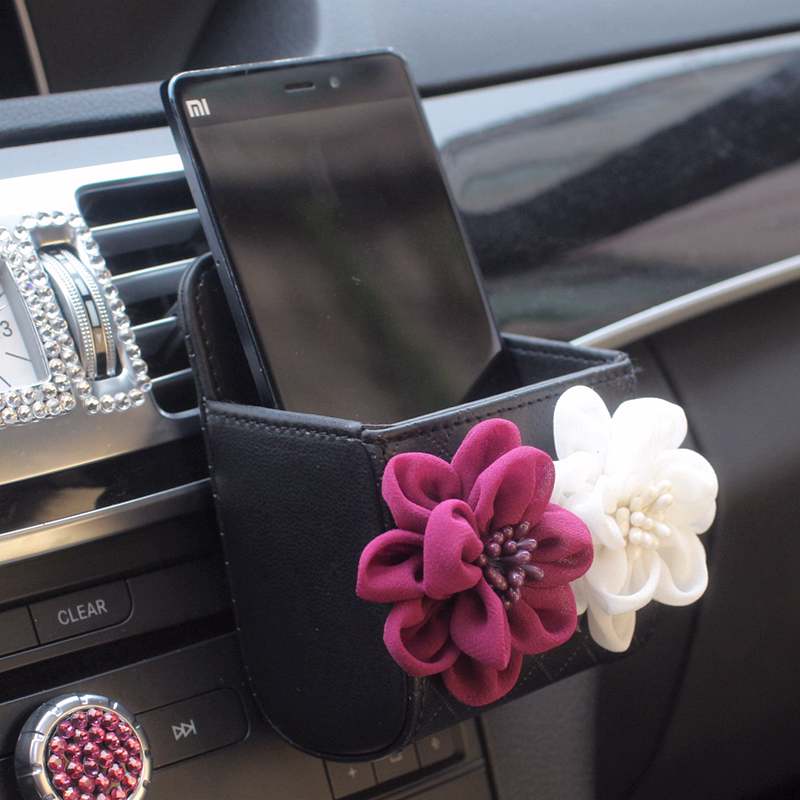 Floral 1pcs Crystal Car Storage Bucket Leather Storage Box Diamond Auto Storage Bag - Black