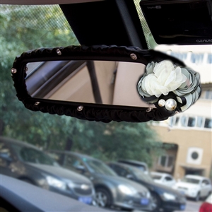 Floral Bling Women Leather Car Rearview Mirror Elastic Covers Motorcar Interior Decorate - Black