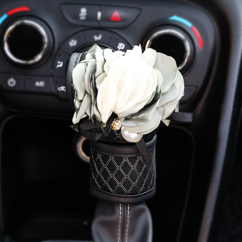 Flower 1pcs Car Gear Covers Leather Ice Silk Shift Cover Auto Interior Decro - Black