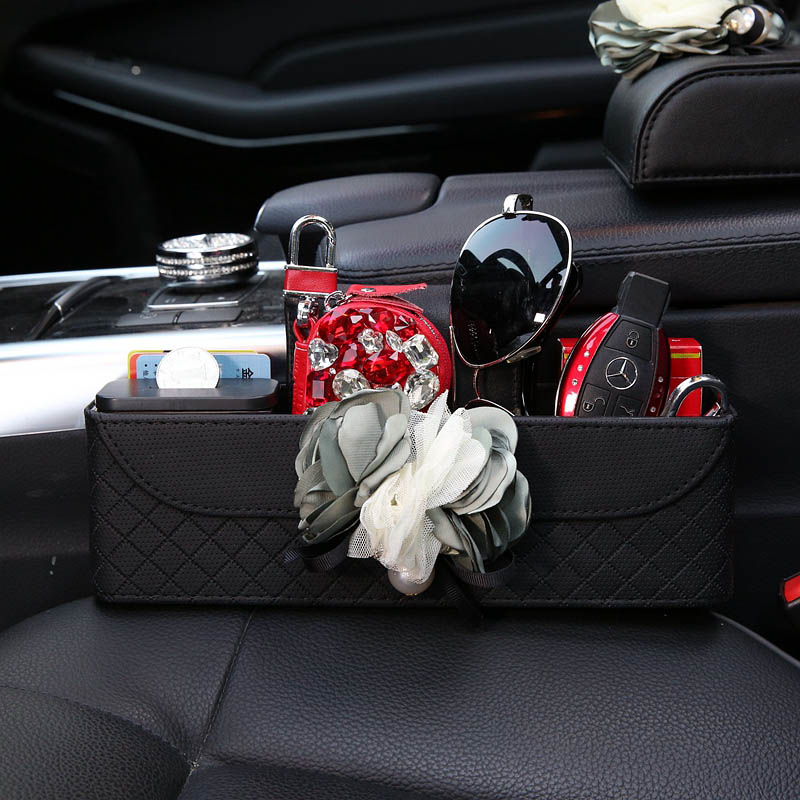 Flower 1pcs Car Storage Bucket PU Leather Storage Box Auto Storage Bag - Black