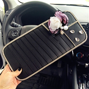 Flower 1pcs Crystal Auto CD Bag Leather Diamond CD Box Auto CD Clip Covers - Black